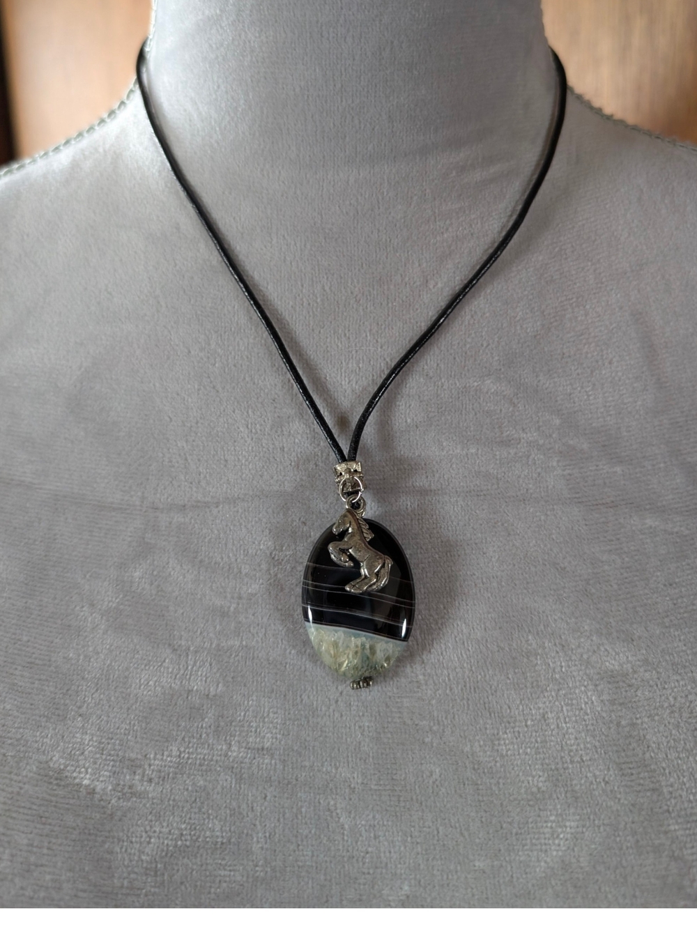 Black Agate Pendant Necklace with Silver Horse Accent